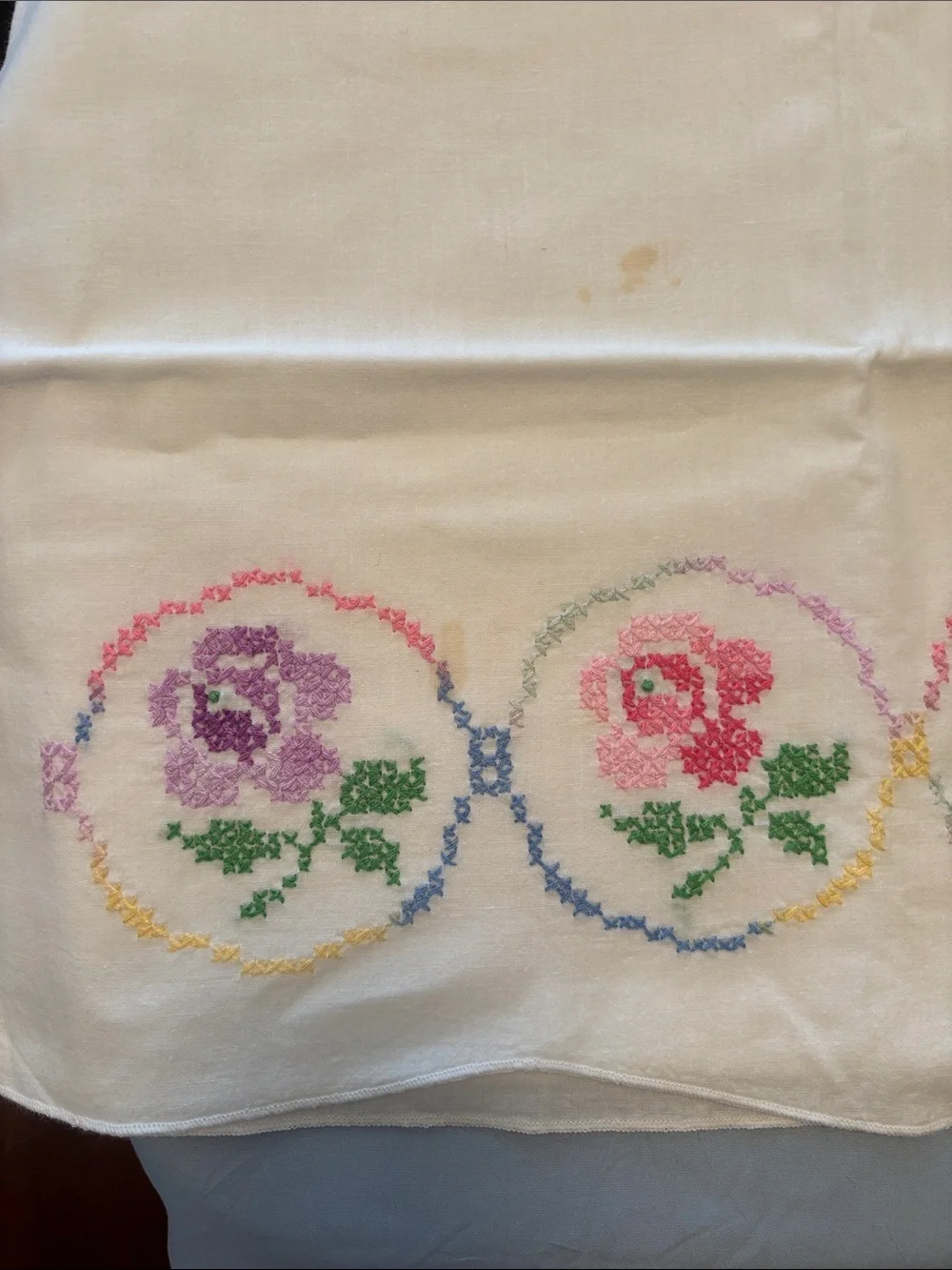 Embroidered Floral Pillowcase - Cream with Pink & Purple Flowers